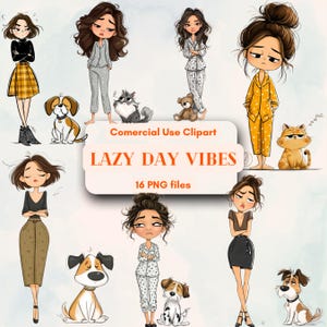 Peaceful Moments, Cartoon Woman with Pets Clipart Bundle, Free Unlimited comercial use, Digital instant download, Supply for DIY, Quirky Art