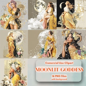 Celestial Goddess clipart bundel mystieke sterren en maan magie, gratis onbeperkt commercieel gebruik, digitale instant download, DIY godin clipart