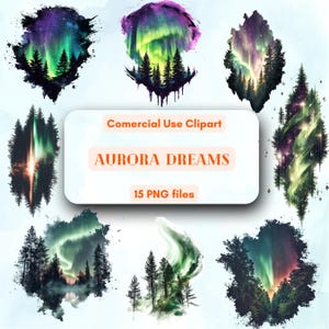 Aurora Träume lebendige grün & lila Clipart-Set, unbegrenzte kommerzielle Nutzung, Clipart Instant Download Angebot DIY Handwerk, Aurora grün Clipart