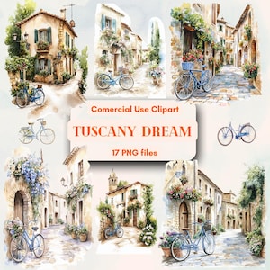 Watercolor Tuscany Streets Clipart Bundle, Romantic Italian Village Scenes, Free Unlimited comercial use art Digital instant download