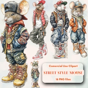 Street Style Mouse, fajny pakiet hip-hopowych clipartów, bezpłatne nieograniczone wykorzystanie komercyjne, natychmiastowe pobieranie cyfrowe, zrób to sam, dziwaczne cliparty, funky mouse