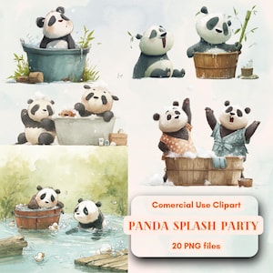 Set di clipart divertenti di Panda Splash Party per l'ora del bagno, uso commerciale illimitato gratuito, download digitale istantaneo, clipart di panda giocoso fai da te per il bagno