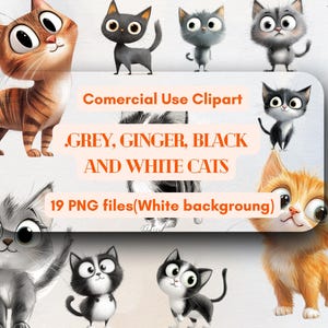 Lot de cliparts chats noir et blanc gris gingembre, utilisation commerciale illimitée, offre de cliparts numérique chat drôle original, téléchargement immédiat des cliparts
