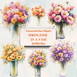 Frühling in einer Vase lebendige Blumenstrauß Clipart für Crafting & Design, kostenlose unbegrenzte kommerzielle Nutzung Kunst digitaler Sofort-Download, Versorgung DIY
