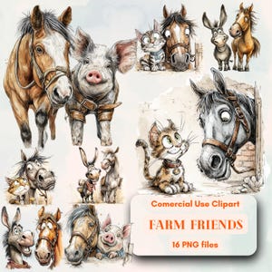 Pacote de clipart de amizade na fazenda, companheiros fofos do campo, uso comercial ilimitado gratuito, download instantâneo digital, pacote de clipart faça você mesmo para fazenda