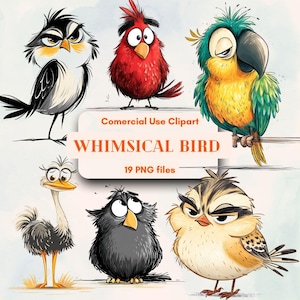 Pájaro caprichoso en reposo, colección de imágenes prediseñadas de pájaros de dibujos animados, uso comercial ilimitado gratuito, descarga digital instantánea, material para bricolaje, pájaro peculiar