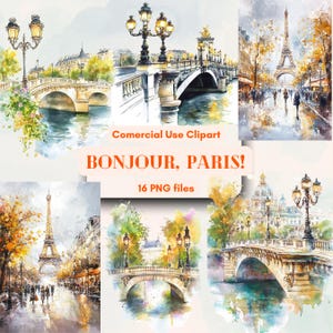 ¡Hola, París! Paquete de imágenes prediseñadas de paisajes urbanos en acuarela. Uso comercial ilimitado y gratuito. Descarga digital instantánea. Material para bricolaje. Paisaje francés.