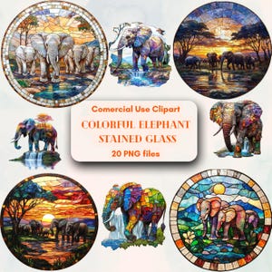 Elefant Glasmalerei Clipart Bundle lebendige und elegante Designs, kostenlose unbegrenzte kommerzielle Nutzung Clipart, digitaler sofort-Download, Versorgung