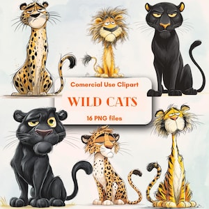 Bundle de cliparts de chats sauvages en dessin animé, prédateurs de la jungle paisible, utilisation commerciale illimitée gratuite, téléchargement numérique instantané, fourniture pour bricolage, animal