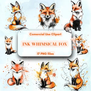 Ensemble de cliparts renard lunatique à l'encre, dessins ludiques et artistiques, clipart gratuit à usage commercial illimité, téléchargement numérique instantané, fournitures de bricolage PNG