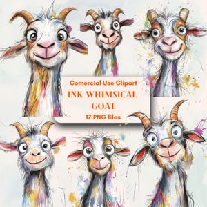 Zestaw clipartów Whimsical Goat Ink Zabawne i artystyczne wzory, Bezpłatne nieograniczone komercyjne wykorzystanie clipartów Cyfrowe natychmiastowe pobieranie, Dostawa DIY