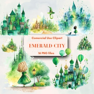 Clipart de aquarela da Cidade Esmeralda, ilustrações mágicas inspiradas em Oz, uso comercial ilimitado gratuito, pacote de download instantâneo digital