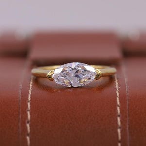 Marquise Cut East To West Set Lab Grown Diamond Solitaire Ring, 0.75 To 2.5 CT Lab Created Diamond Engagement Ring, Half Bezel Setting