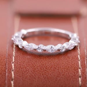 Alternating Marquise and Round Lab Grown Wedding Band, Eternity Band, Dainty Stackable Ring, Lab Diamond Band, Bridal Anniversary Band