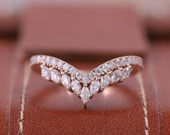 Marquise & Round Cut Diamond Curved Band, EF-VS Clarity Lab Diamond Band, 14K Solid Gold Wedding Band, Conflict Free Diamond V Shape Band