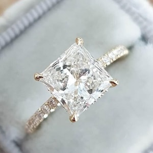 2.0 CT Princess Cut Moissanite Engagement Ring, Princess Cut Ring, Square Cut Ring, Hidden Halo Ring, Ring for Mother&#39;s Day Gift