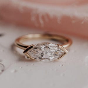 East West Marquise Cut Lab Grown Diamond Half Bezel Solitaire Engagement Ring, Unique Solitaire Diamond Ring, 18K White Gold Wedding Ring