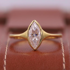 Solitaire Half Bezel Set Ring, IGI Certified Marquise Cut Lab Created Engagement Ring, 14K Gold Marquise Cut Split Shank Lab Grown Ring