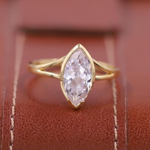 IGI Certified Marquise Cut Lab Created Engagement Ring, Solitaire Half Bezel Set Ring, 14K Gold Marquise Cut Split Shank Lab Grown Ring