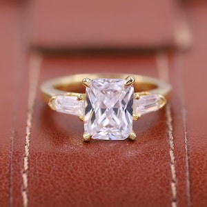 Radiant Cut D Color VVS1 Clarity Lab Grown Diamond Engagement Ring, Three Stone Anniversary Ring, 3 Stone with Tapered Baguette Triad Ring