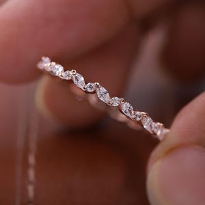 Alternating Marquise and Round Cut Moissanite Diamond Band, Marquise Wedding Band, Half Eternity Band, Stackable Band, Shared Prong Band