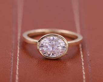 East West Oval Lab Grown Diamond Solitaire Full Bezel Set Engagement Ring, 14k Solid Yellow Gold CVD Diamond Proposal Ring For Her