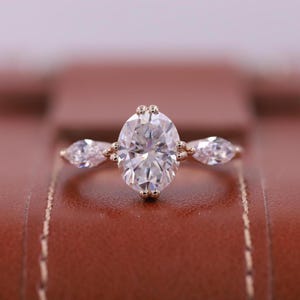 Oval Trilogy Engagement Ring, Double Prong Lab-Grown Diamond Ring, Marquise Side Stones Anniversary Ring, Cathedral Three-Stone Wedding Gift