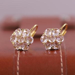 Cluster Set Old European Cut Moissanite Diamond Vintage Stud Earring, 14K Yellow Gold Flower Stud Earrings, Lever Back Halo Earring For Her
