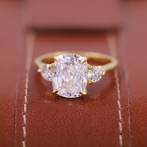 Three Stone Lab Grown Diamond Ring, Elongated Cushion Cut Diamond Engagement Ring, Side Round Cut Trellis Setting Anniversary Gifts for Her