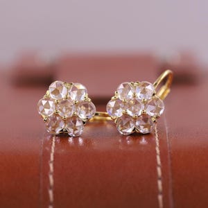 14K Yellow Gold Flower Stud Earrings, Cluster Set Old European Cut Lab Grown Diamond Vintage Stud Earring, Lever Back Halo Earring For Her