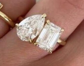 Pear And Emerald Cut Moissanite Engagement Ring, 14K Solid Gold Yellow Emerald Moissanite Toi Et Moi Ring, Promise Ring For Bridal