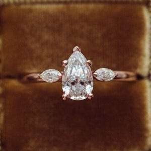 IGI Certified D color VVS2 Clarity Three Stone Pear Lab Grown Diamond Engagement Ring, Rose Gold Ring, Side Marquise Cut Diamonds Ring