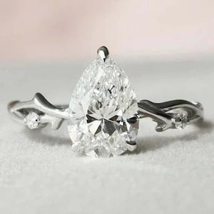 Pear Shaped Moissanite ring, Leaf Branch Moissanite Engagement Ring, 14K Yellow Gold Nature Inspired Wedding Ring, Unique Twig Promise Ring