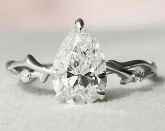 Pear Shaped Moissanite ring, Leaf Branch Moissanite Engagement Ring, 14K Yellow Gold Nature Inspired Wedding Ring, Unique Twig Promise Ring