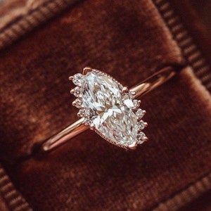 Art Deco Marquise Moissanite Diamond Ring, Cluster Engagement Ring, Unique Half Halo Diamond Ring, 14K Solid Yellow Gold Wedding Ring