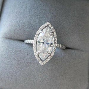Marquise Cut Engagement Ring For Women, Halo Solid 14K White Gold Ring, Lab Grown Diamond Bridal Wedding Ring, Half Eternity Promise Ring