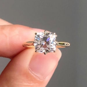 2.0 CT Cushion Diamond GRA Certified Ring, Square Cushion Cut Lab Created Solitaire Engagement Ring, 14k Yellow Gold Diamond Ring for Her