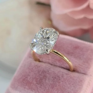 E VVS2 Oval Lab Grown Diamond Hidden Halo Engagement Ring, Low Setting Diamond Ring, 0.75 To 2.50 CT Lab Created Diamond Two Tone Ring