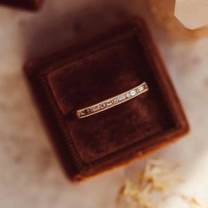 Baguette Cut Channel Set Band, Baguette and Round Cut Milgrain Wedding Band, Moissanite Daily Wear Ring, Minimalist Horizontal Stacking Band