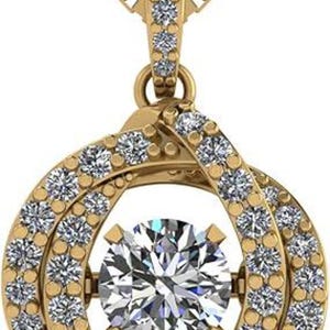 May include: A gold-colored pendant necklace featuring a large, sparkling diamond center stone. The pendant has a double-loop design, encrusted with smaller diamonds. The chain is also gold-colored.