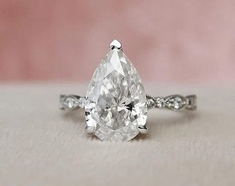 Pear Diamond Engagement Ring, Lab Grown Diamond Ring, Big Pear Diamond Ring, Milgrain Design Ring for Anniversary,Gift for Her Designer Ring