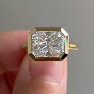 2.0 Ct Radiant Cut Moissanite Engagement Ring, East West Radiant Cut Ring, 14K Yellow Gold Ring, Bezel Set Ring,Proposal Love for Women ring