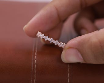 Anillo de diamantes talla marquesa, alianza de boda con diamante solitario talla marquesa, anillo de oro macizo de 14 quilates con diamantes talla marquesa y redondos alternados, anillo apilable