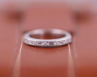 Baguette And Round Cut Colorless Lab Grown Diamond Wedding Band, Half Eternity Matching Band, 14K Yellow Gold Ring, Alternative Diamond Band