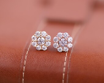 Round Lab Grown Diamond Floral Stud Earrings, 14K Solid Gold Diamond Push Back Earrings, Conflict Free Diamond Halo Stud Earrings