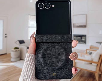 Fashion Faux Leather Phone Case, Personalized Name Initial Case, MagSafe Phone Cover for Samsung Galaxy Z Flip 7 / 6 / 5 / 7 FE