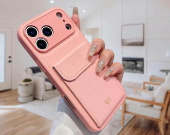 Personalized Name Phone Case – Custom Initials Card Holder Case – Minimalist Solid Color Full Protection Cover for iPhone 17 Pro Max,16,Plus
