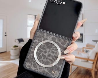 Personalized Leopard Print Magnetic Samsung Galaxy Z Flip Case – Custom Name Initials Phone Cover for Z Flip 7/6/5/4/3/7 FE,Z Fold 7/6/5/4/3