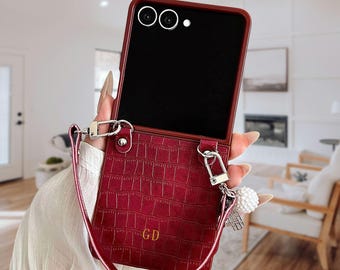 Gepersonaliseerde Samsung Galaxy Z-flipcase – aangepaste naam en initialen kunstleren hoes – Z Flip 7/6/5/4/3/7 FE