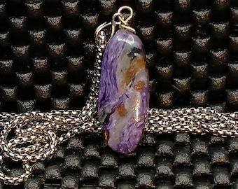 Purple Charoite Oval Pendant Necklace, Sterling Silver Bail, Natural Purple Gemstone Jewelry